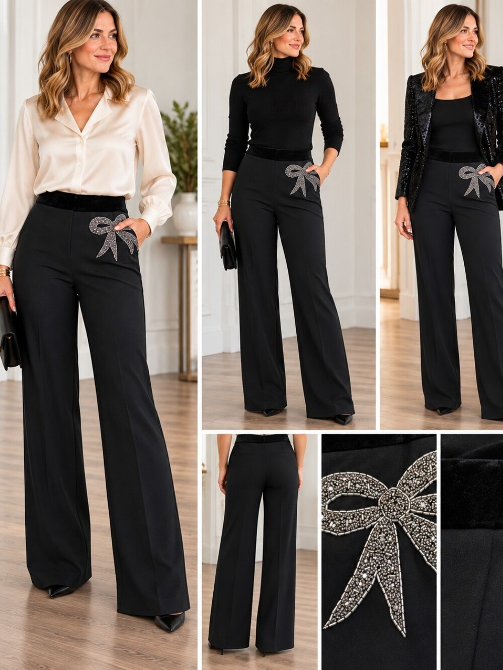 The Limited Cassidy Fit Black Wide Leg Pants Size 8 Beaded Bow Velvet Waist 33"